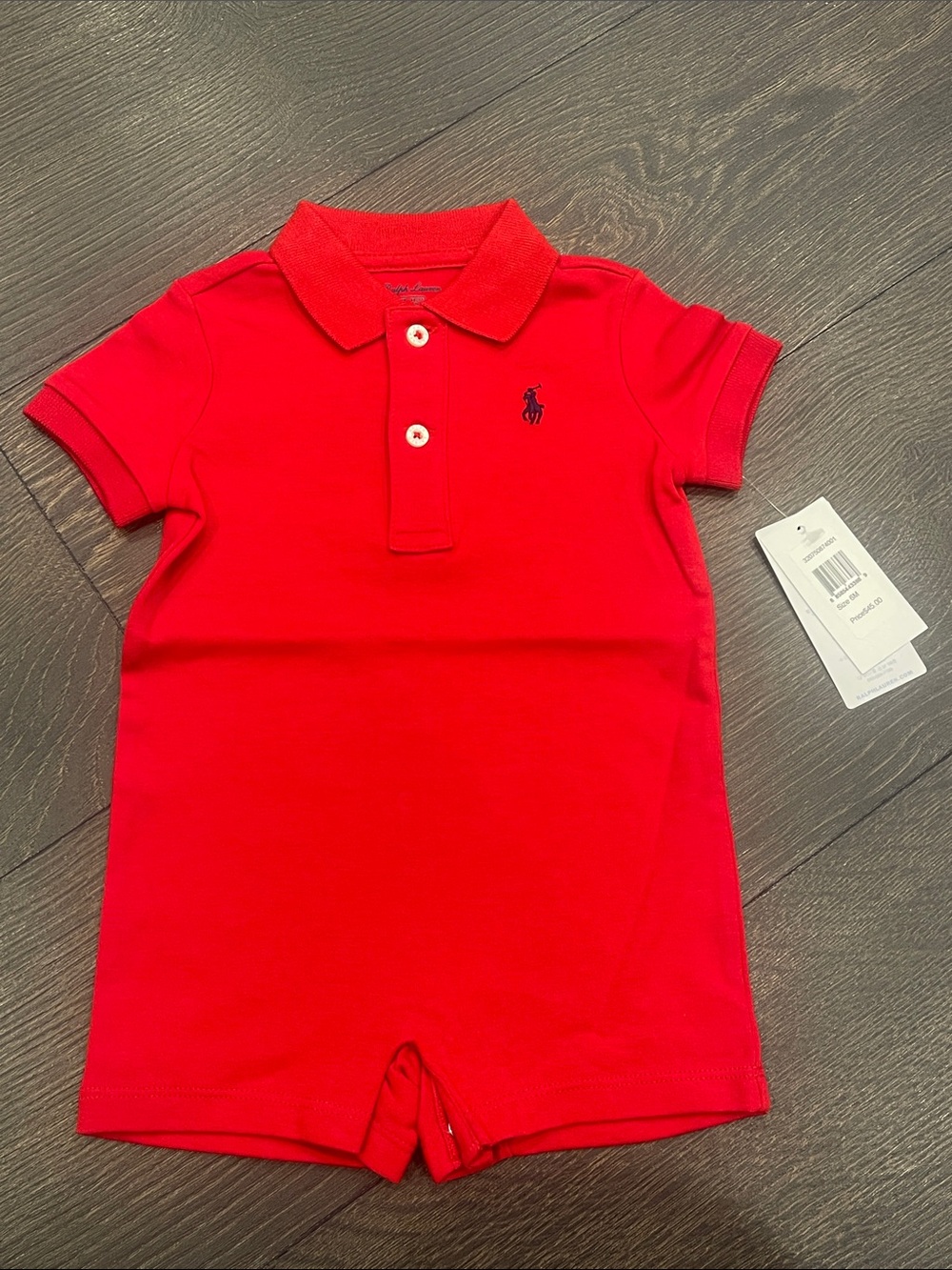 Ralph Lauren Bright Red Polo One-Piece Romper with Navy Logo